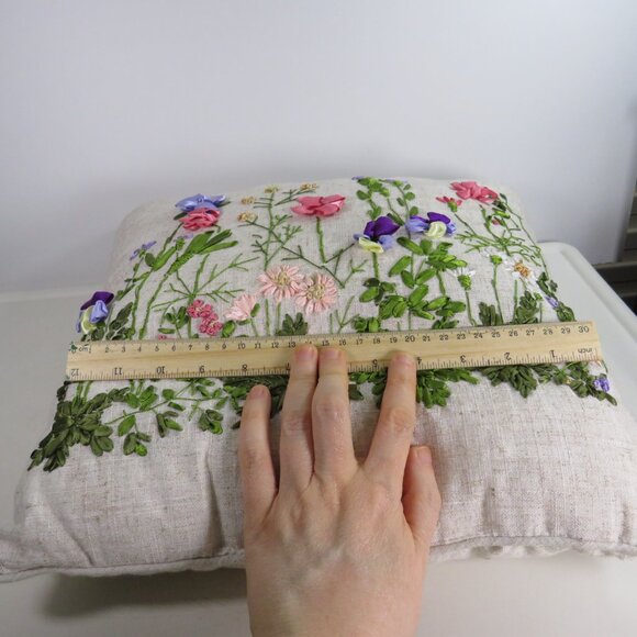 Ribbon Embroidered Spring Pillow Floral Design with Heather back - Picture 2 of 6